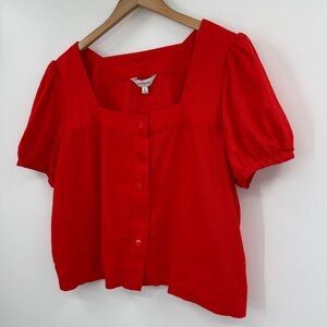 Calligraphie Linen-Blend Puff Sleeve Square Neck Crop Top in Red | Size XL